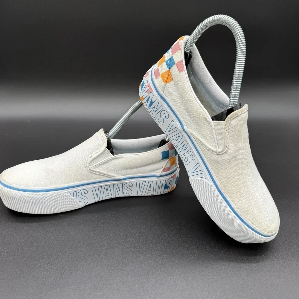 Vans Classic Slip-On Womens‎ Size 6 White Stitch Canvas Checkered Heel Shoes